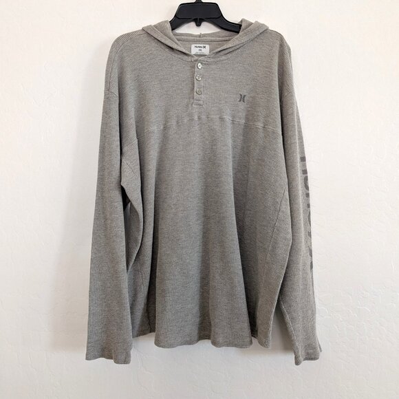 HURLEY Pullover Men's 2XL Gray Henley Waffle Hooded Long Sleeve Casual - Picture 1 of 15
